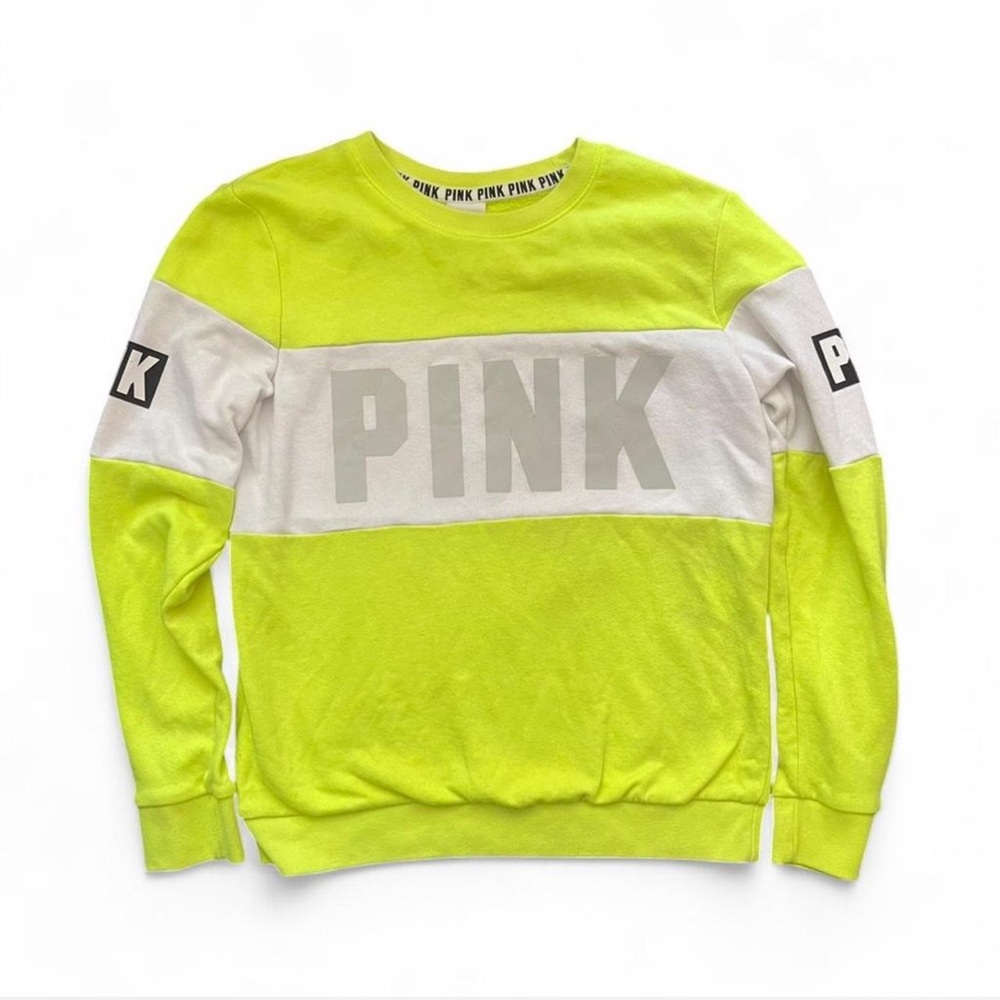 PINK Victoria's Secret Neon Yellow Crewneck Sweater reflective size XS Y2K - Picture 2 of 7